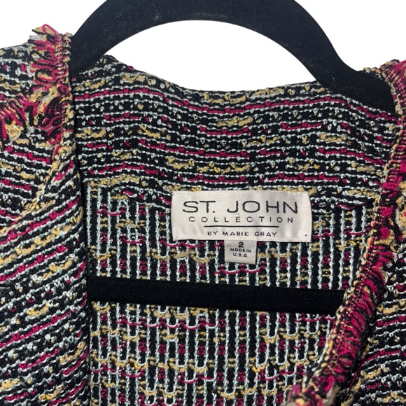 St. John Collection Fringe Trimmed Jacket in Burgundy/Wheat Multicolor Sz 2 - Picture 8 of 11